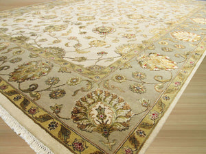 EORC Hand-knotted Wool & Silk Beige Traditional Oriental Flower Jaipur Rug