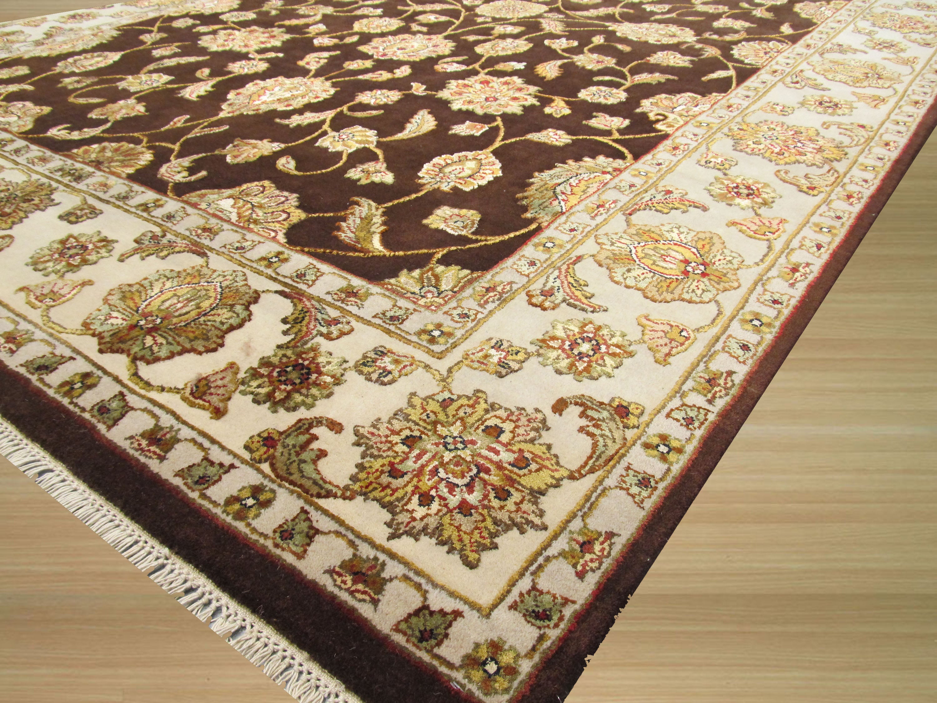 EORC Hand-knotted Wool & Silk Brown Traditional Oriental Flower Jaipur Rug