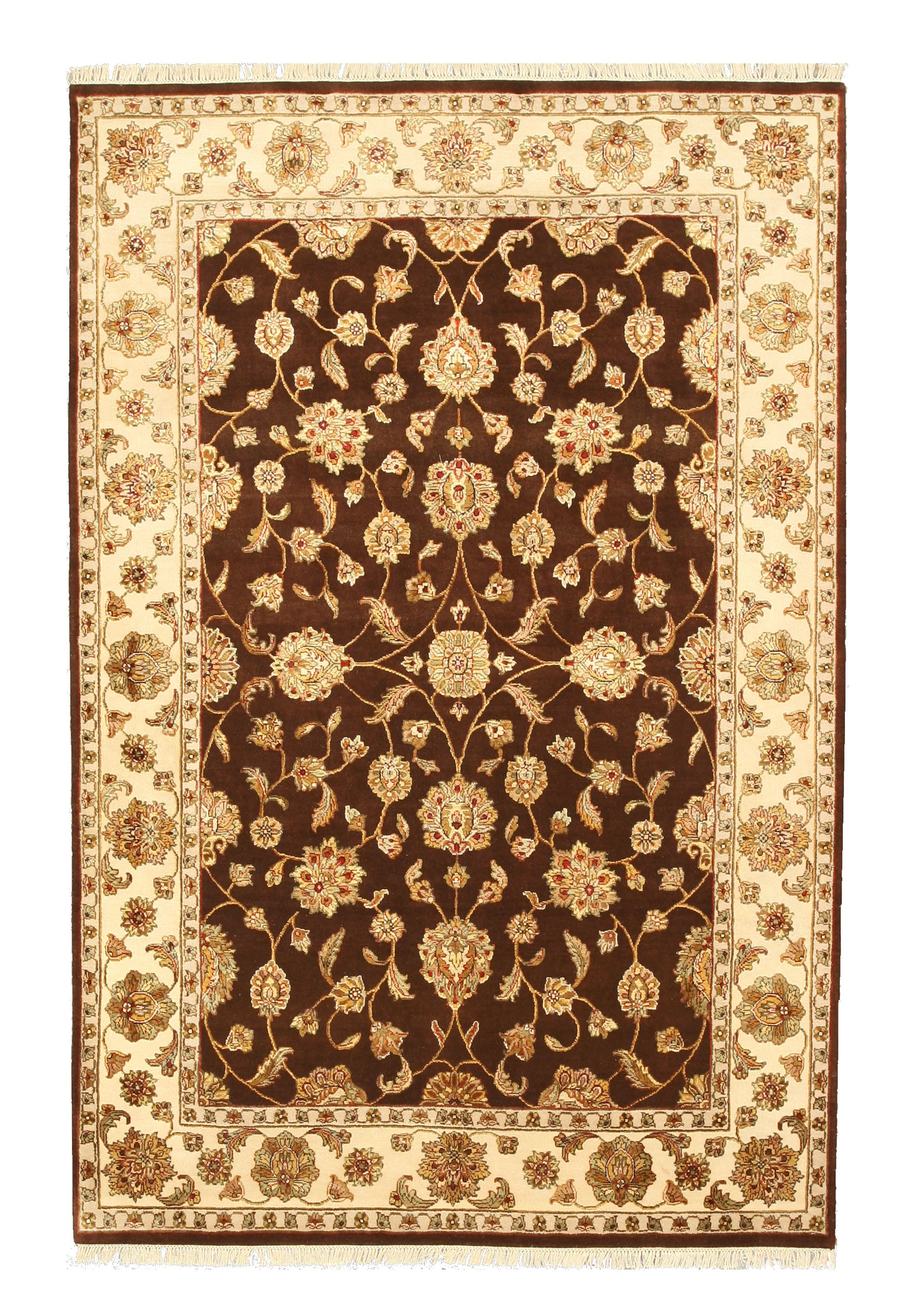 EORC Hand-knotted Wool & Silk Brown Traditional Oriental Flower Jaipur Rug