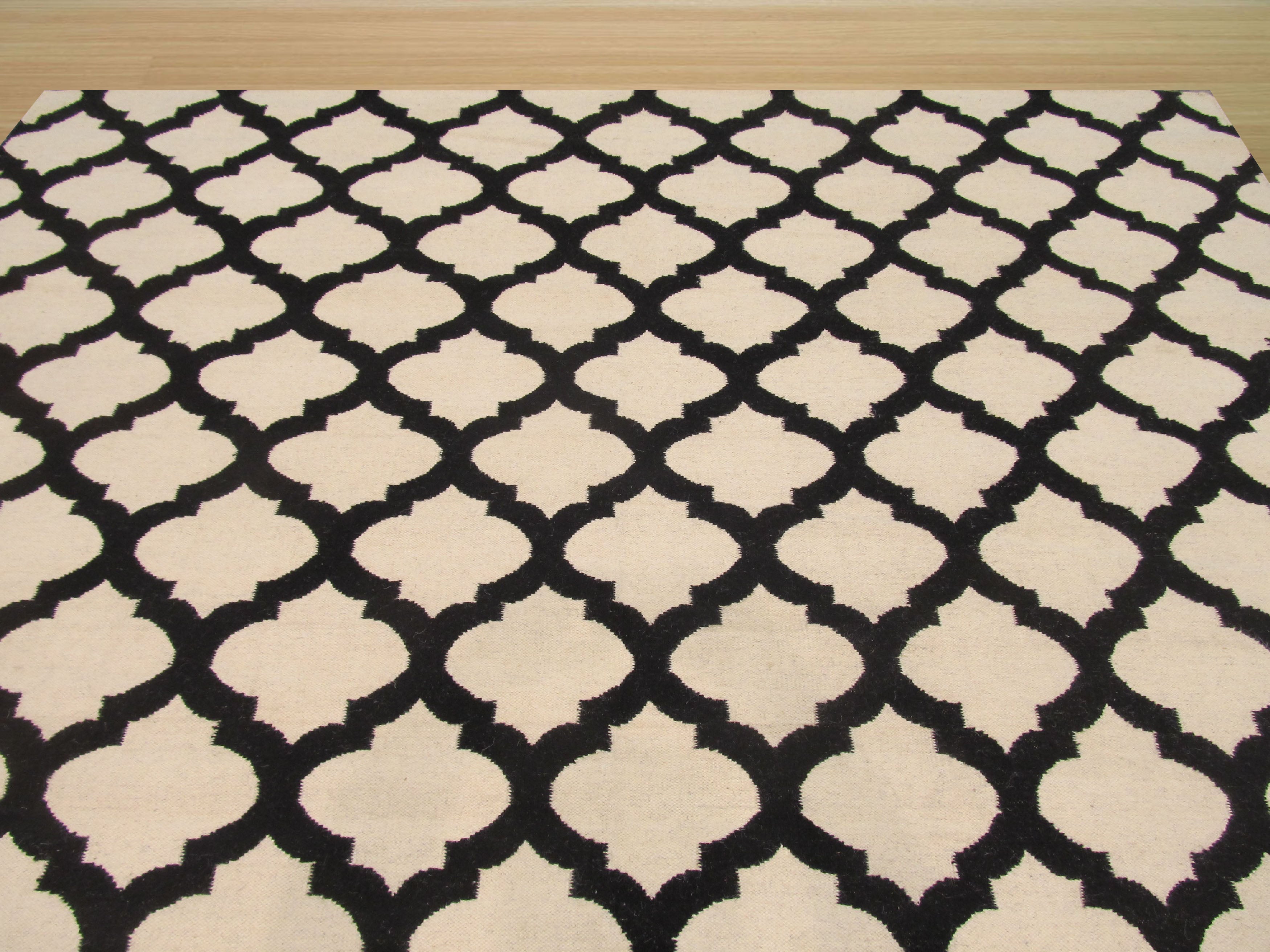 EORC Handmade Wool Black Transitional Trellis Reversible Modern Moroccan Kilim Rug