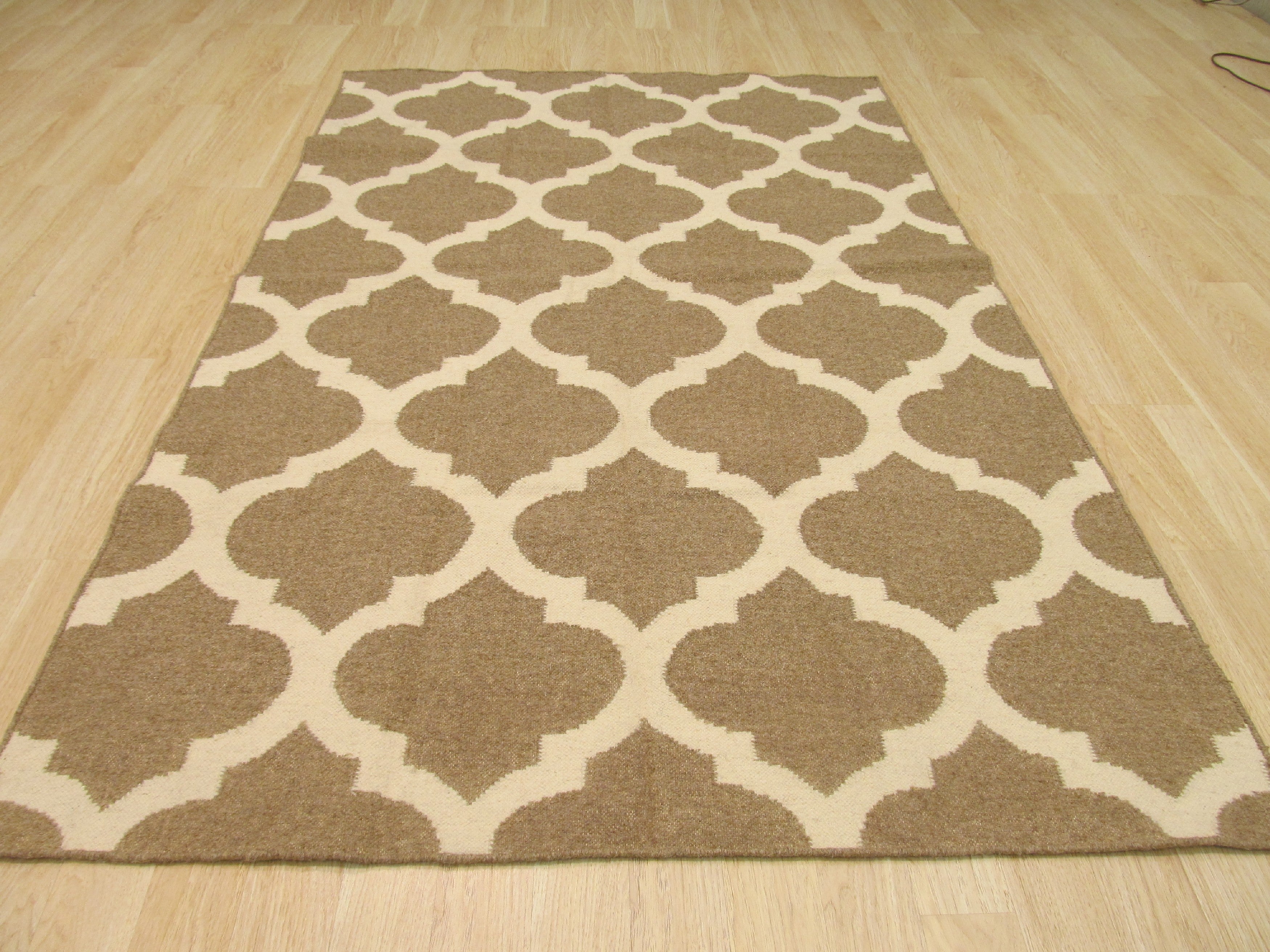 EORC Handmade Wool Brown Contemporary Trellis Flatweave Revesible Moroccan Rug