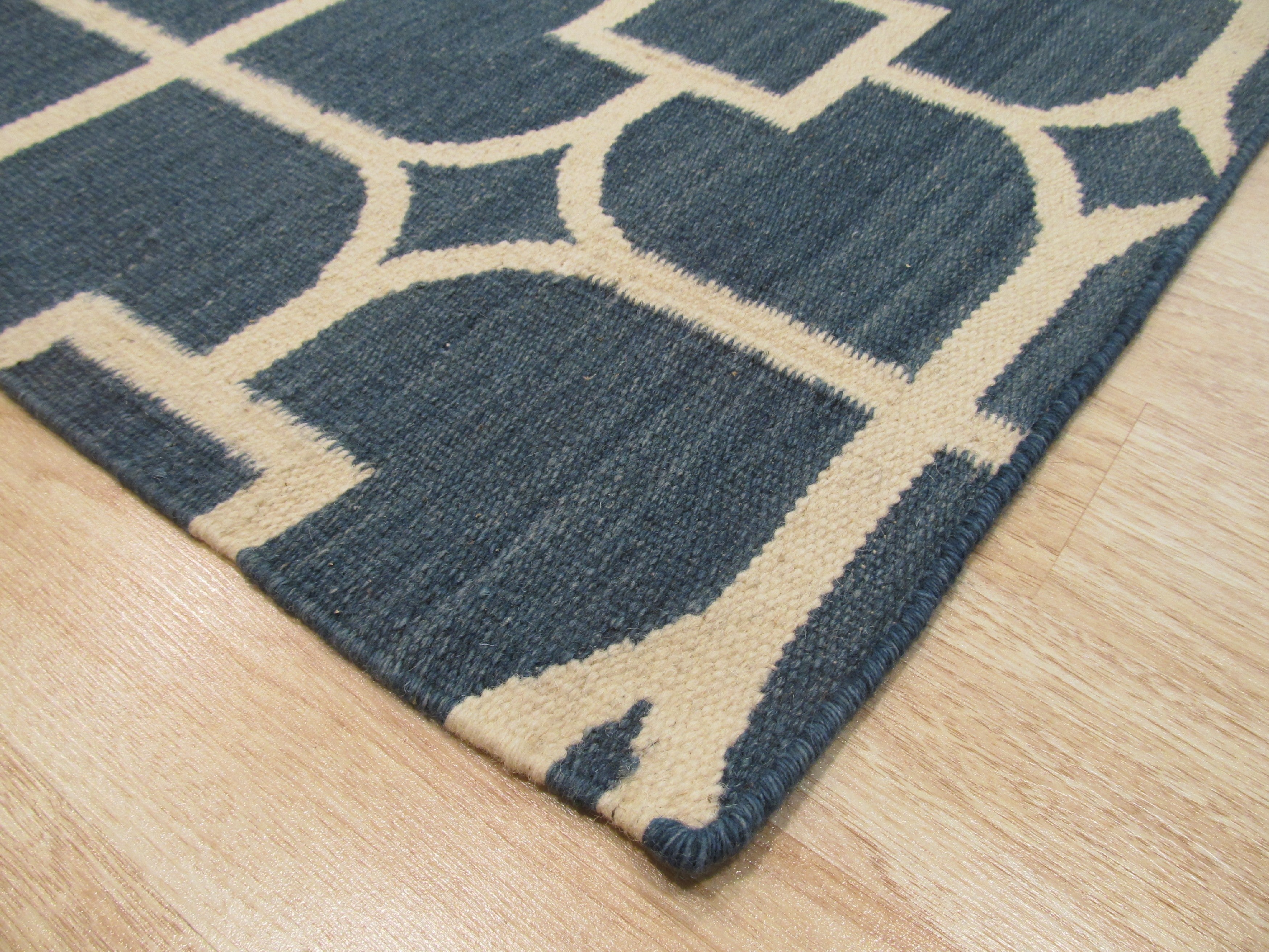EORC Handmade Wool Blue Contemporary Trellis Flatweave Revesible Dalton Rug