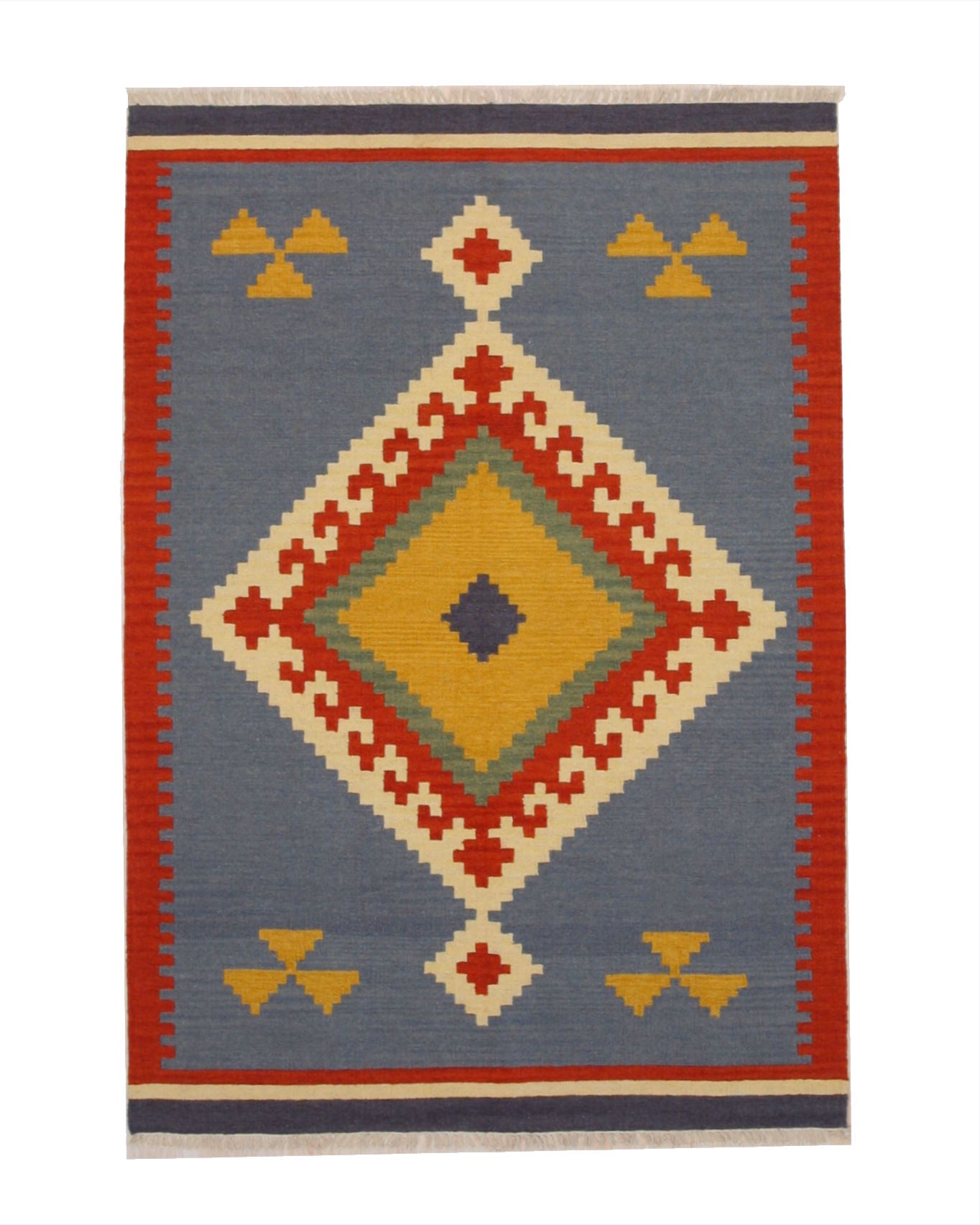 EORC Handmade Wool Blue Traditional Geometric Keysari Kilim Rug