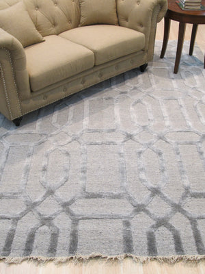 EORC Hand-knotted Wool & Viscose Gray Transitional Geometric Links Rug