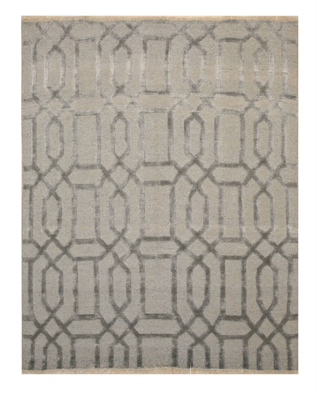 EORC Hand-knotted Wool & Viscose Gray Transitional Geometric Links Rug