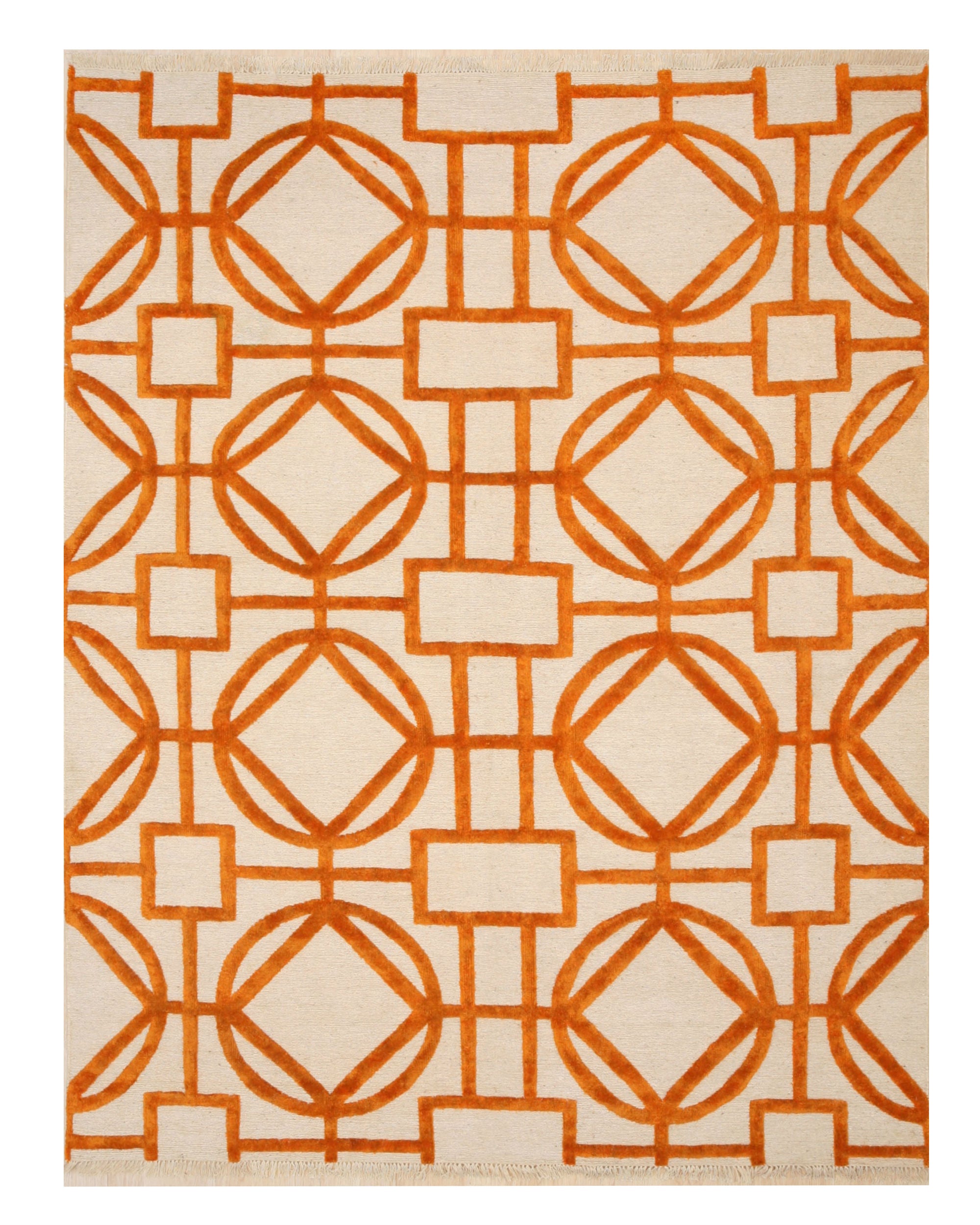 EORC Hand-knotted Wool & Viscose Ivory Transitional Geometric Links Rug