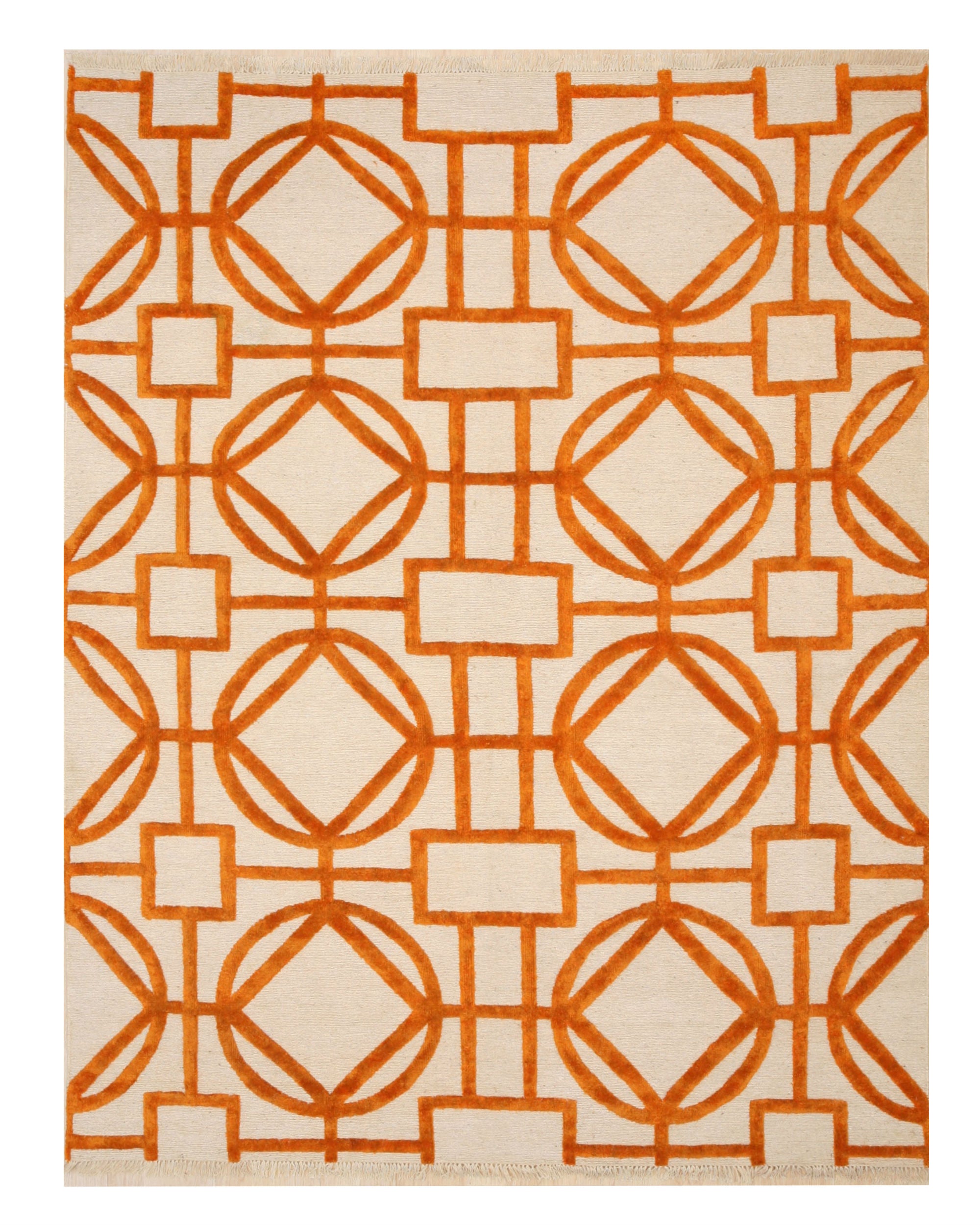 EORC Hand-knotted Wool & Viscose Ivory Transitional Geometric Links Rug