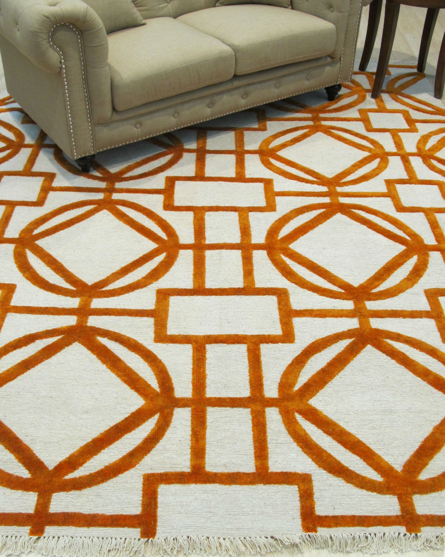 EORC Hand-knotted Wool & Viscose Ivory Transitional Geometric Links Rug