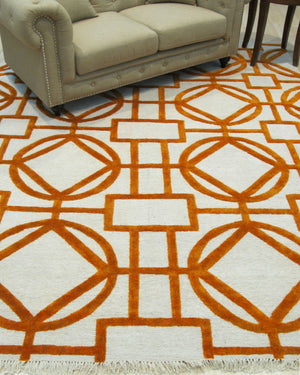 EORC Hand-knotted Wool & Viscose Ivory Transitional Geometric Links Rug