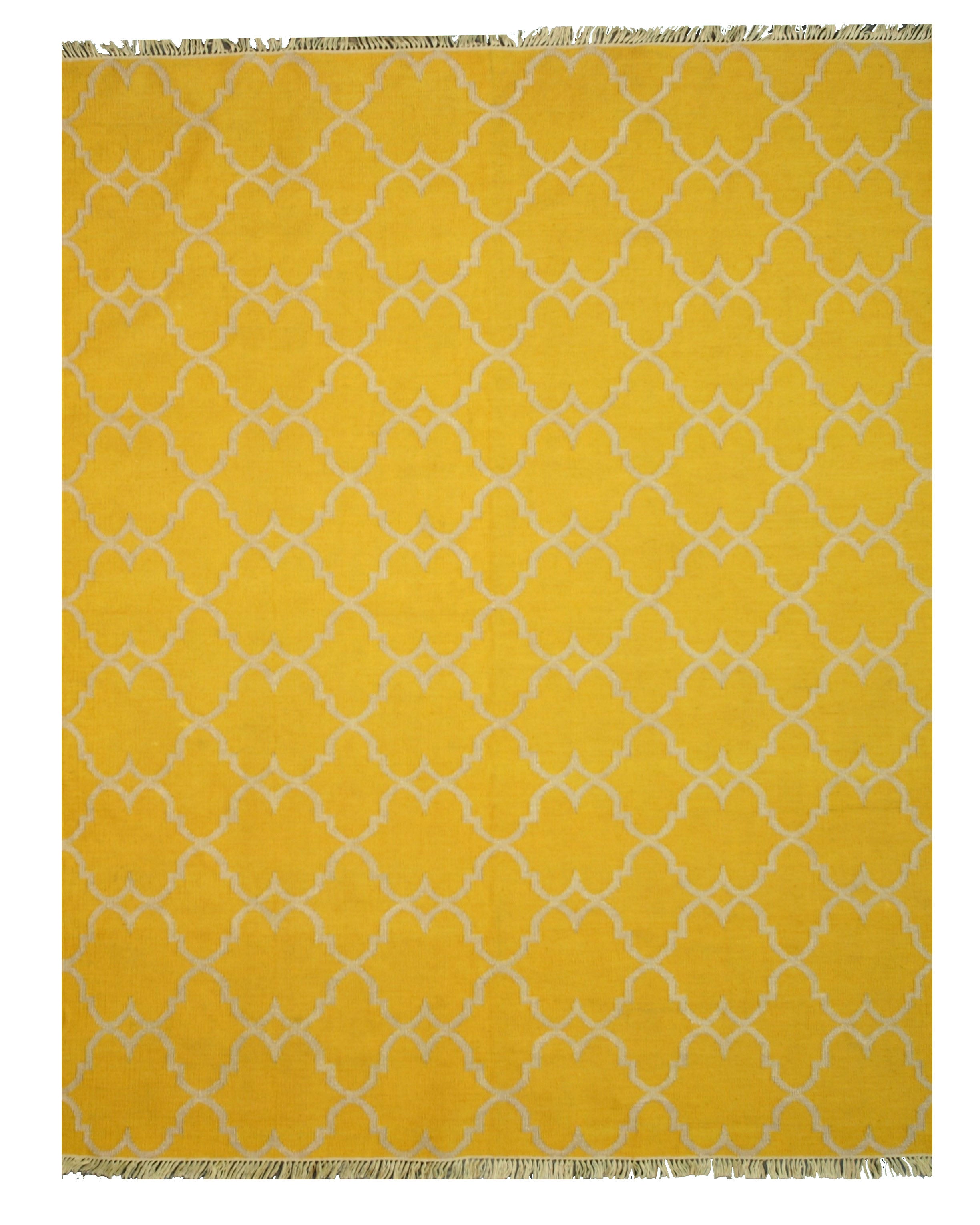 EORC Handmade Polyester Yellow Transitional Trellis Reversible Moroccan Outdoor Rug