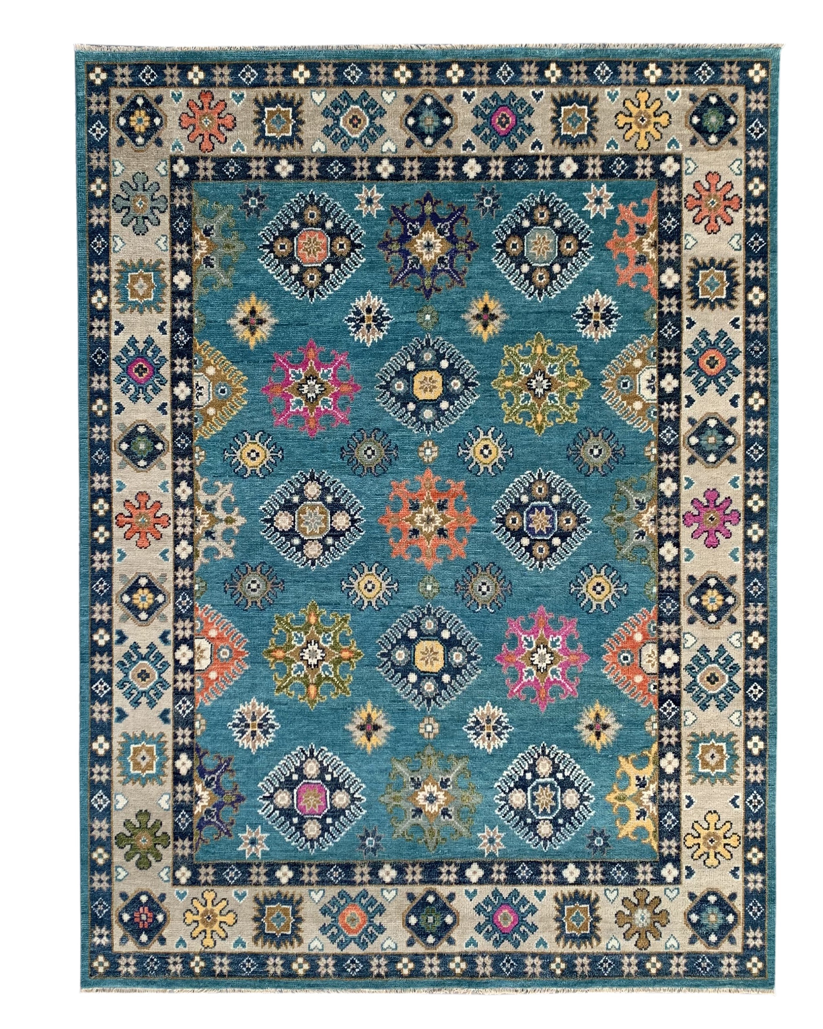 EORC Turquoise/Beige Hand Knotted Wool Kazak Collection Rug