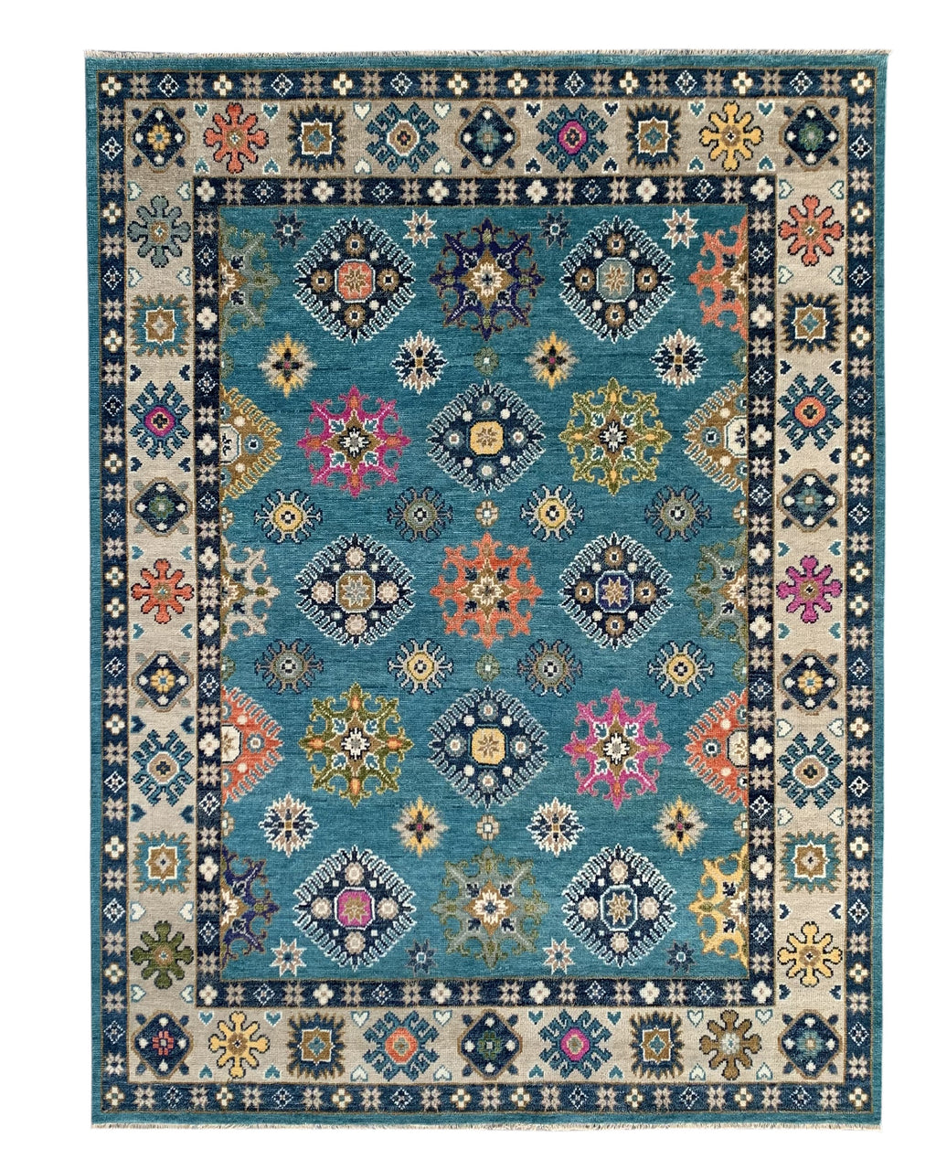 EORC Turquoise/Beige Hand Knotted Wool Kazak Collection Rug
