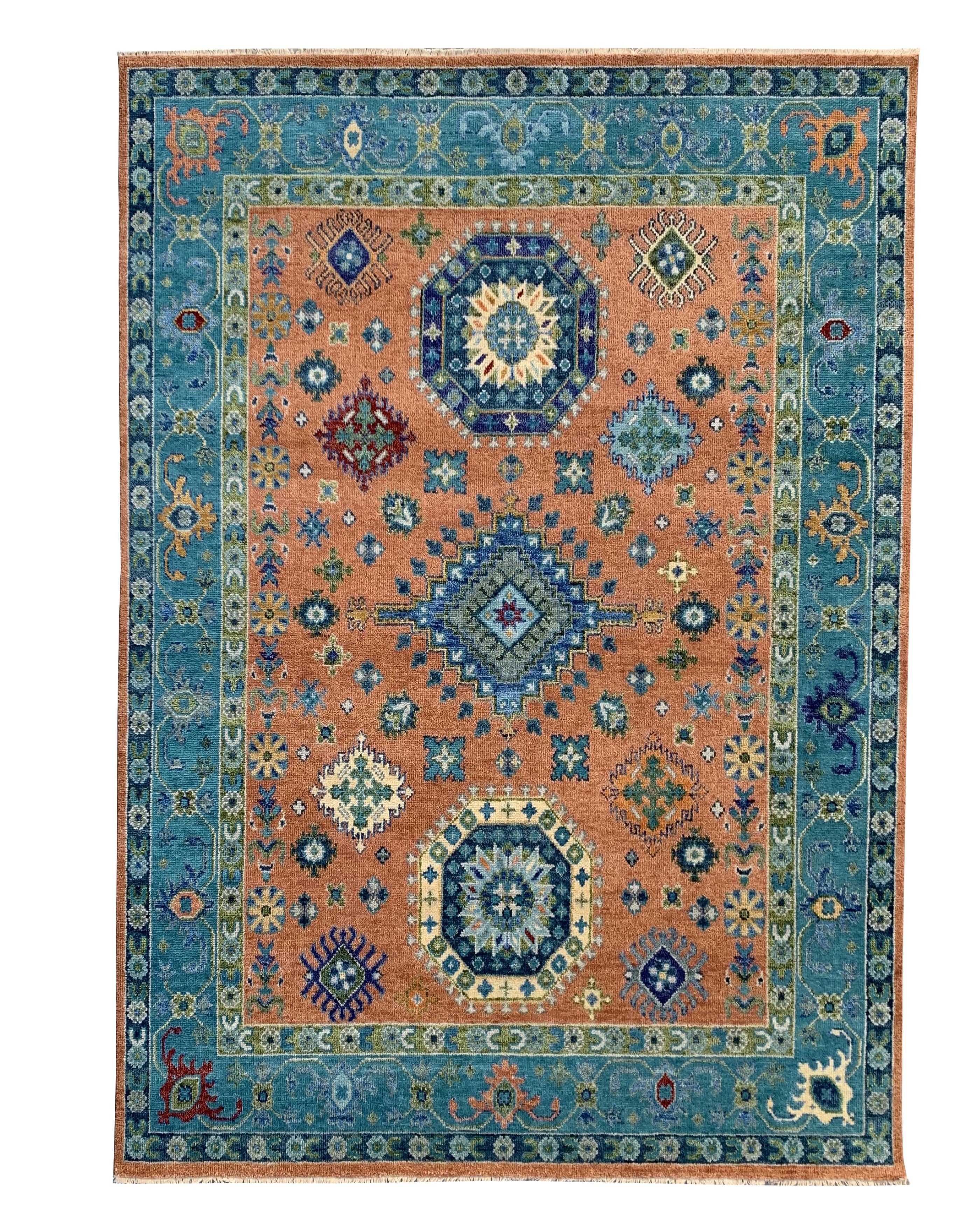 EORC Rust/Blue Hand Knotted Wool Kazak Collection Rug