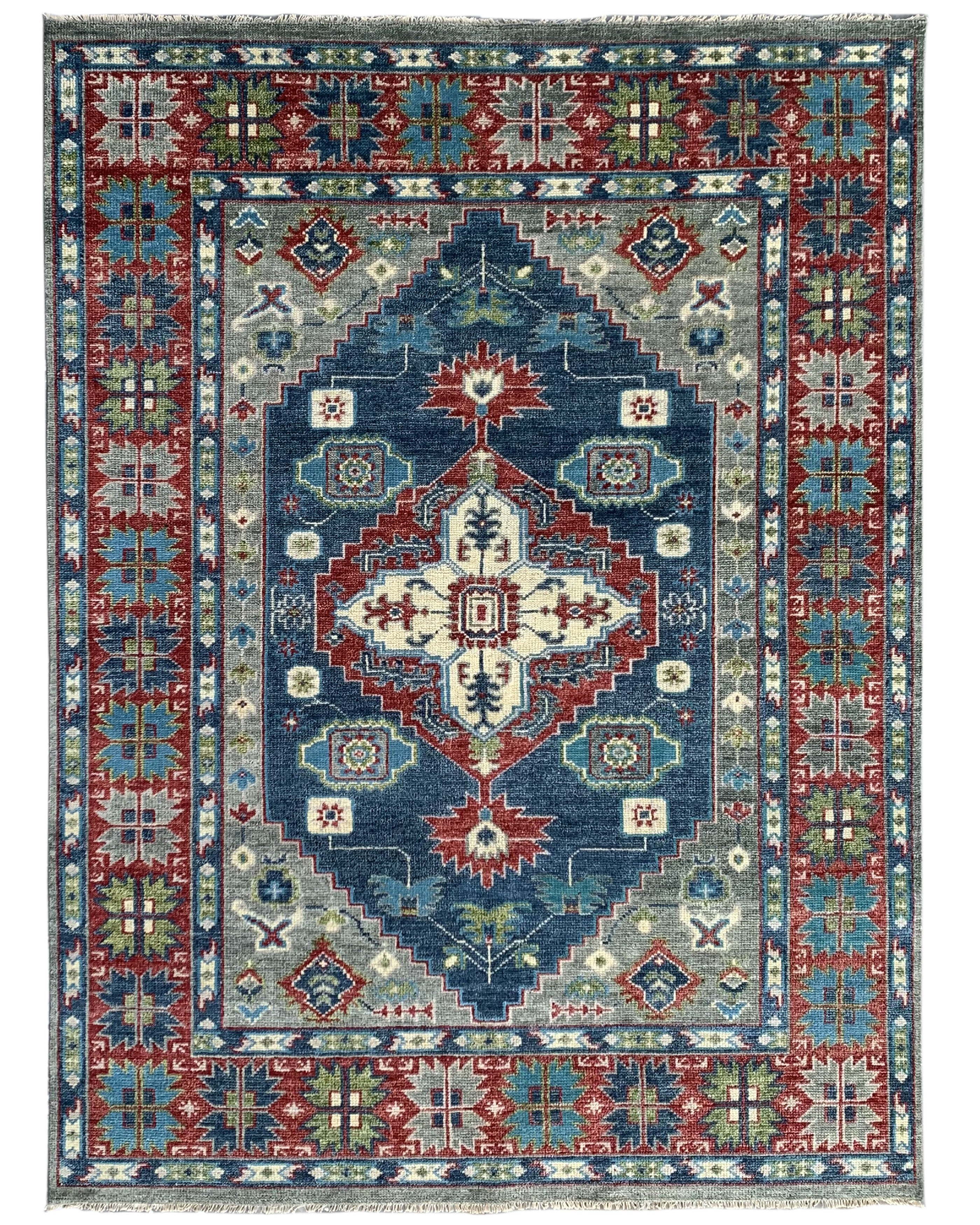 EORC Denim Blue/Red Hand Knotted Wool Serapi Rug