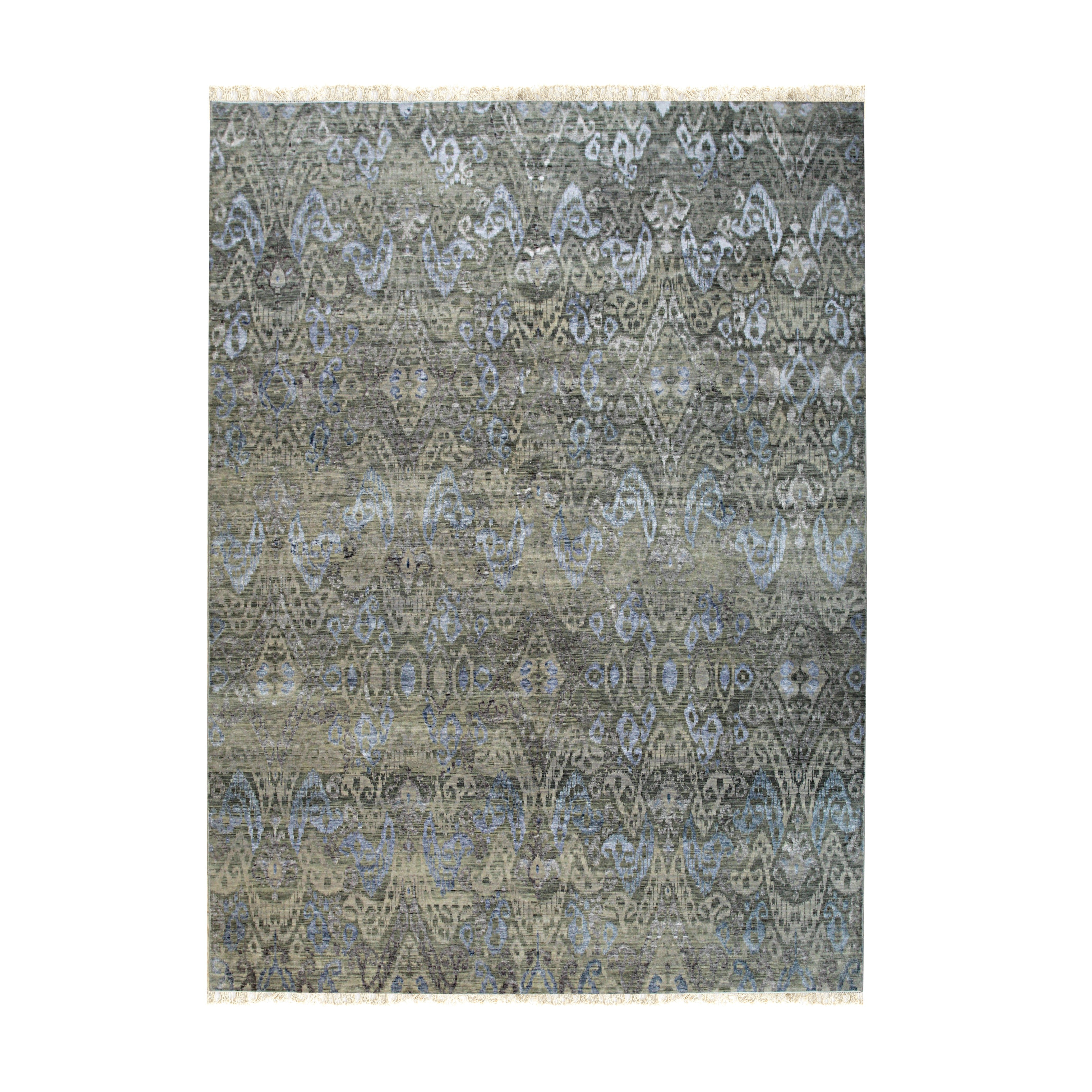 EORC Green Hand Knotted Bamboo Silk And Wool Indian Hand Knotted Rug
