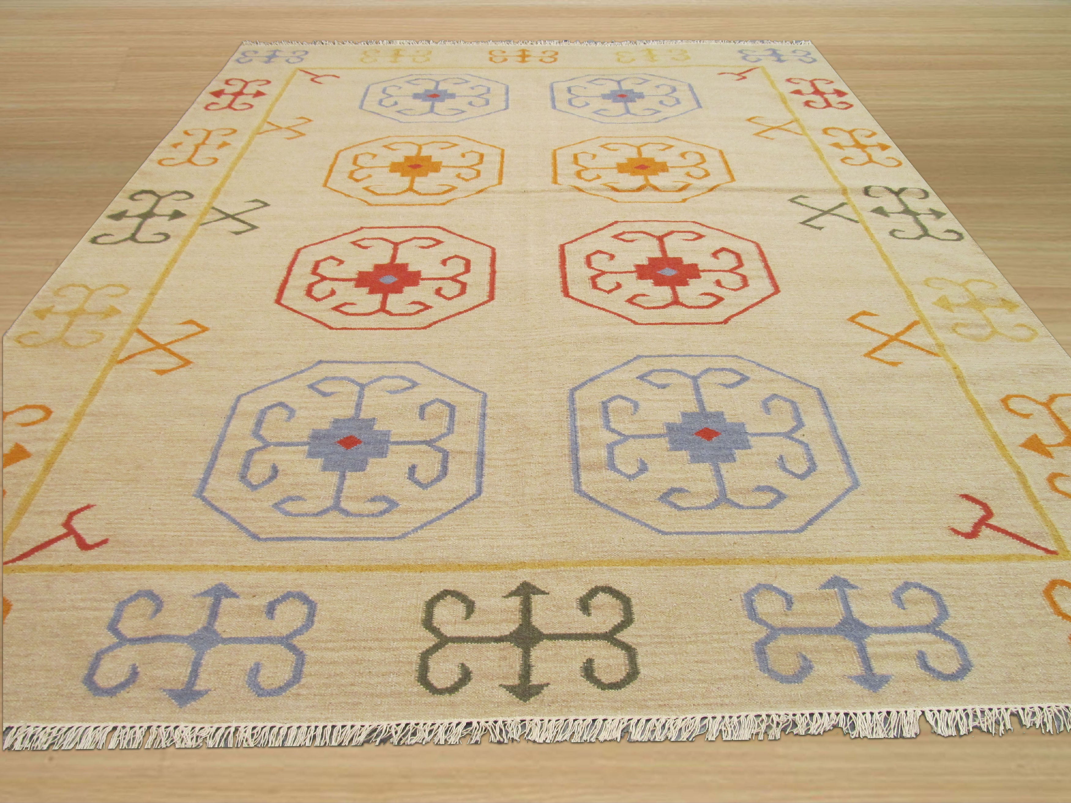 EORC Handmade Wool Beige Traditional Oriental Reversible Suzani Kilim Rug