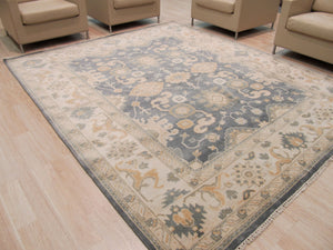EORC Hand-knotted Wool Blue Traditional Oriental Oushak Rug