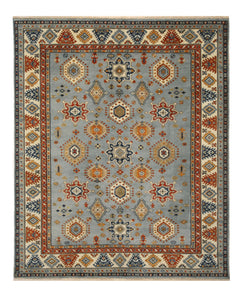 EORC Hand-knotted Wool Blue Traditional Geometric Kazak Rug