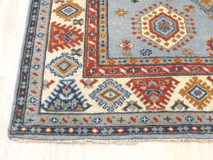 EORC Hand-knotted Wool Blue Traditional Geometric Kazak Rug