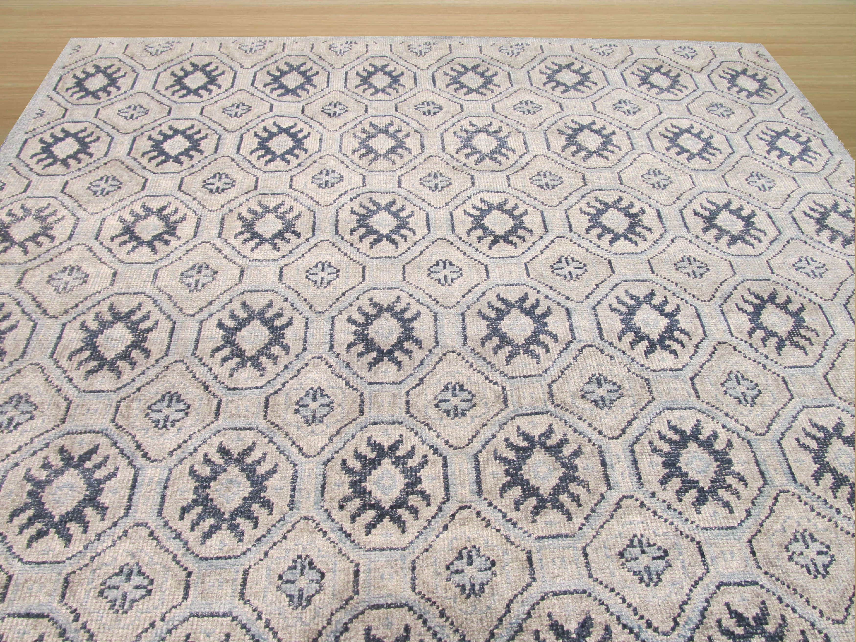 EORC Hand-knotted Viscose Blue Transitional Geometric Kotan Rug