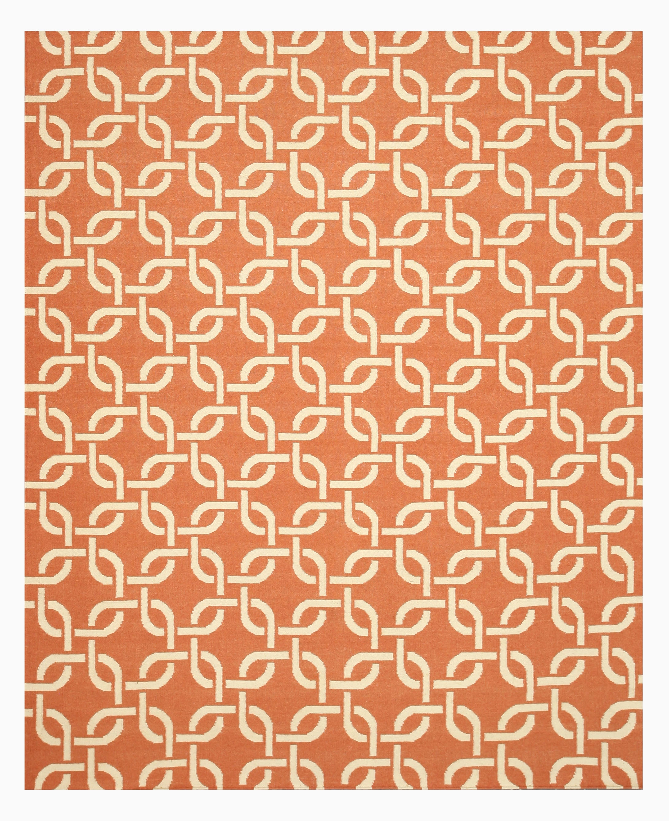 EORC Handwoven Wool Orange Transitional Geometric Links Dhurrie Rug