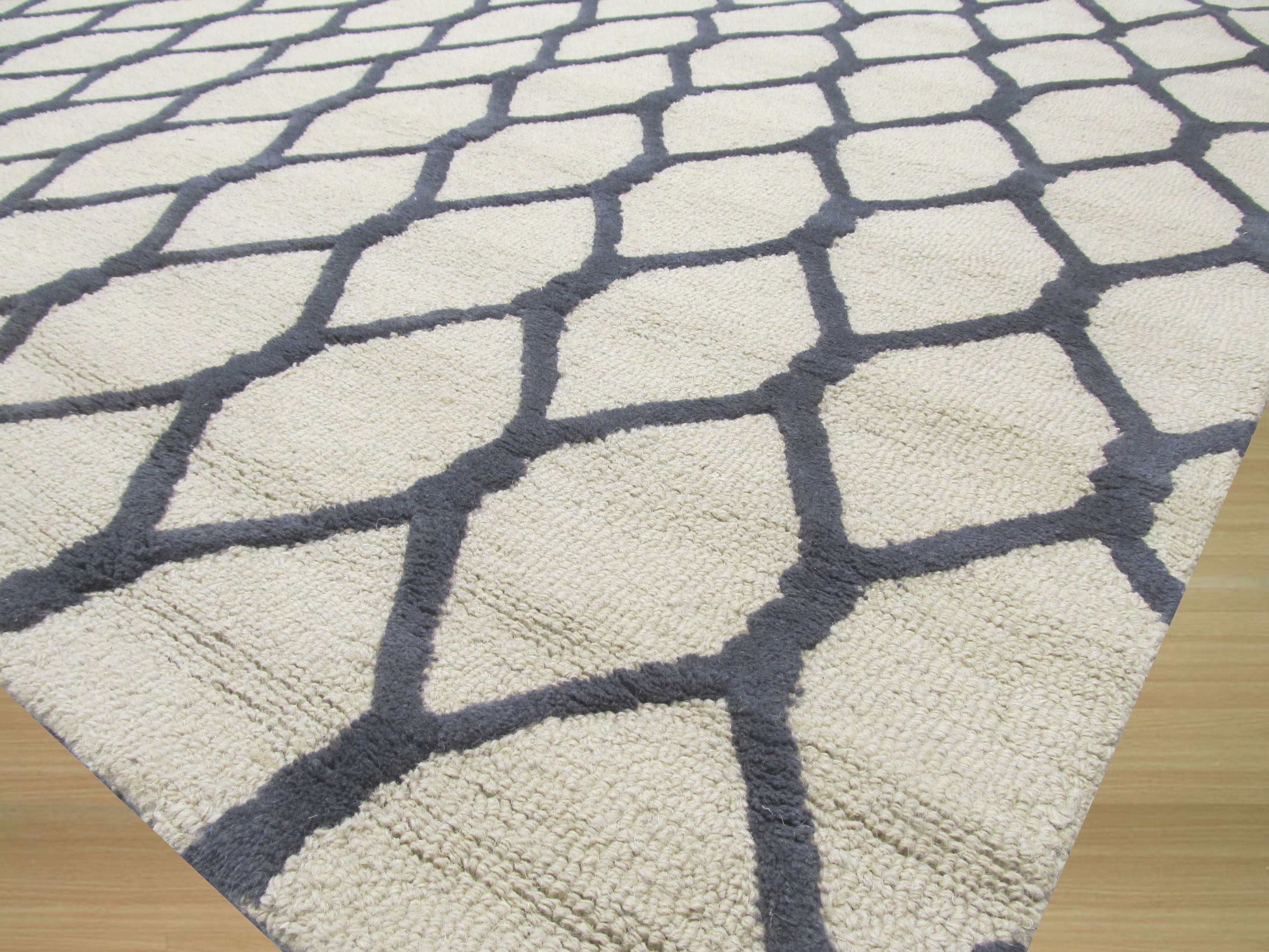 EORC Hand-tufted Wool Beige Transitional Geometric Chain-Link Rug
